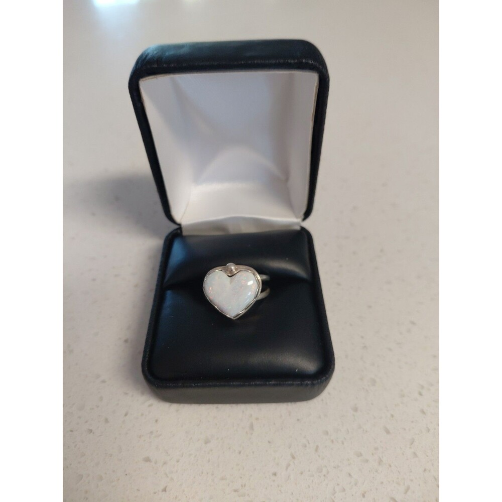 Heart Ring Simulated White Opal Silver Tone ring size 6 unmarked